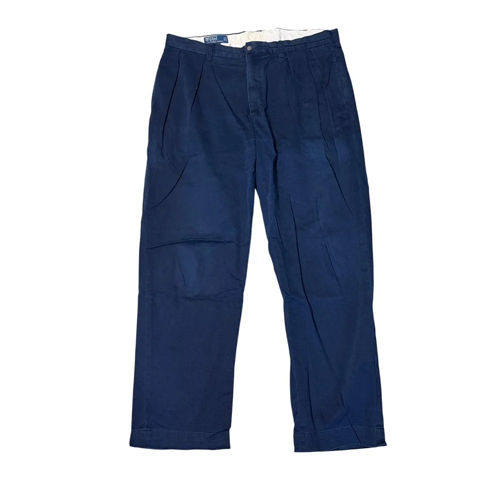 Polo Ralph Lauren Andrew Pant Mens 38x32 Navy Blue Pleated Chino Cotton Trousers